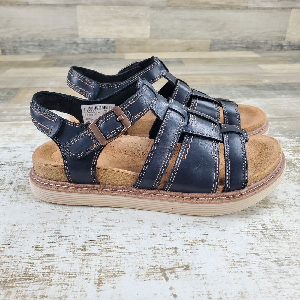 Clarks Arwell Sun Womens Strappy Sandals Sz 6.5 M Black Leather Flat Slingback